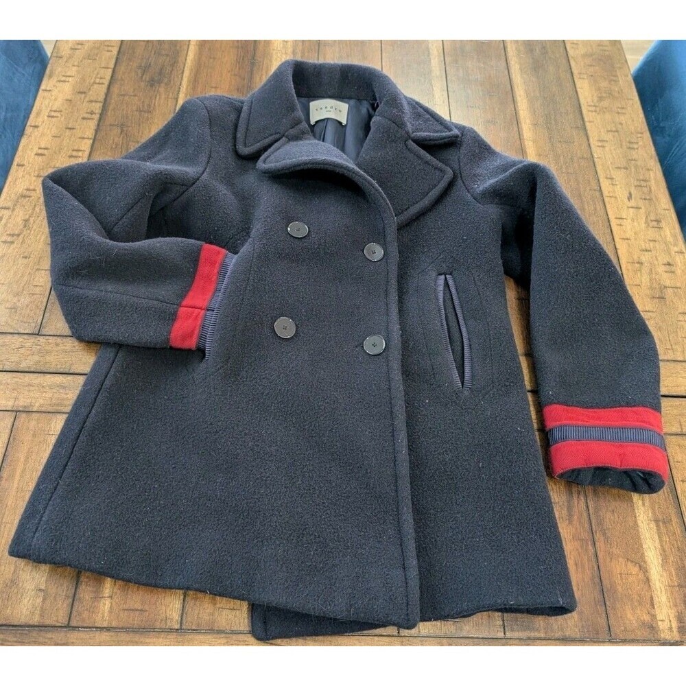 Sandro 4 Button Wool Blend Pea Coat W/ Varsity Cuffs Women's Size 38 Bulgarian - Picture 11 of 13